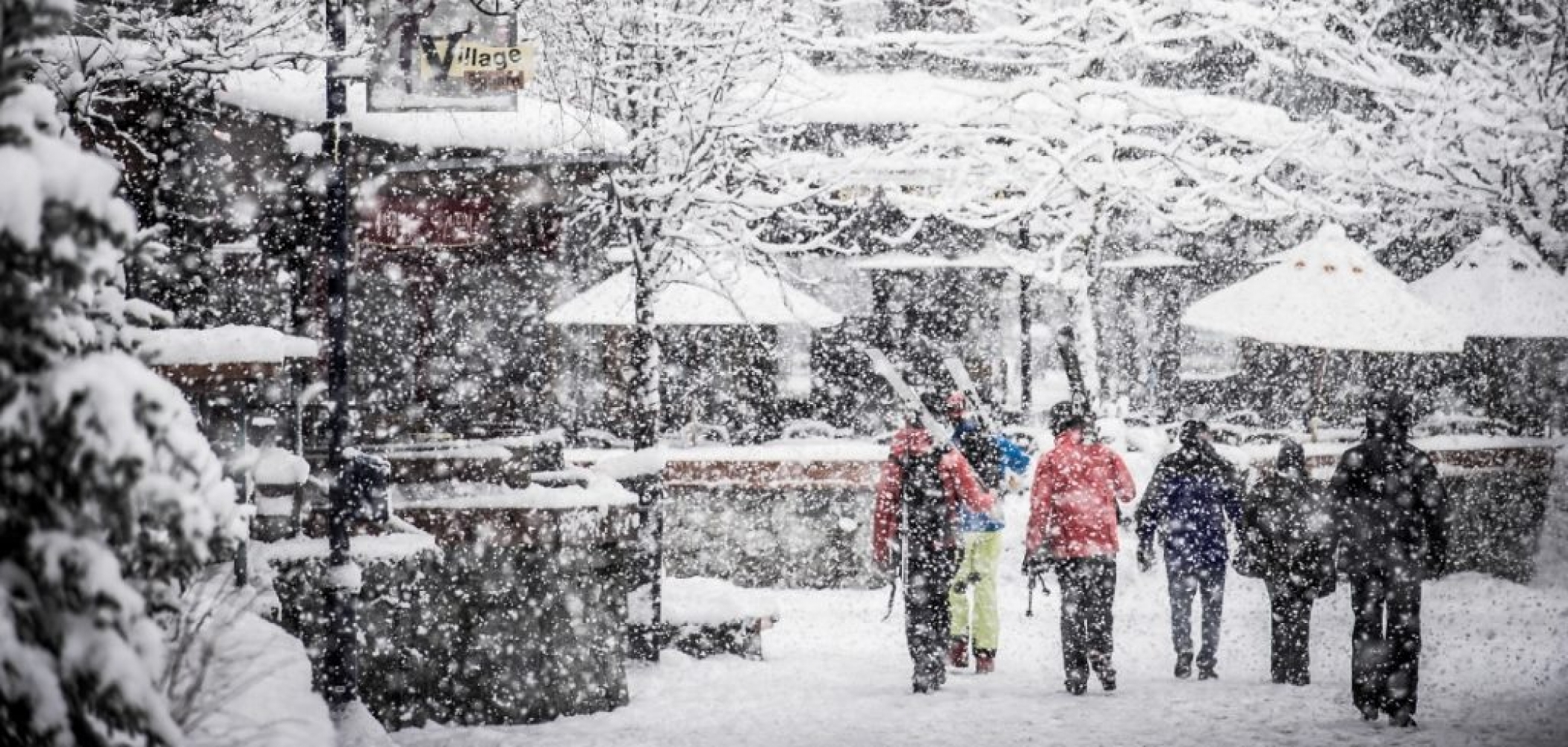 Strolling through Whistler Village on a snowy day.