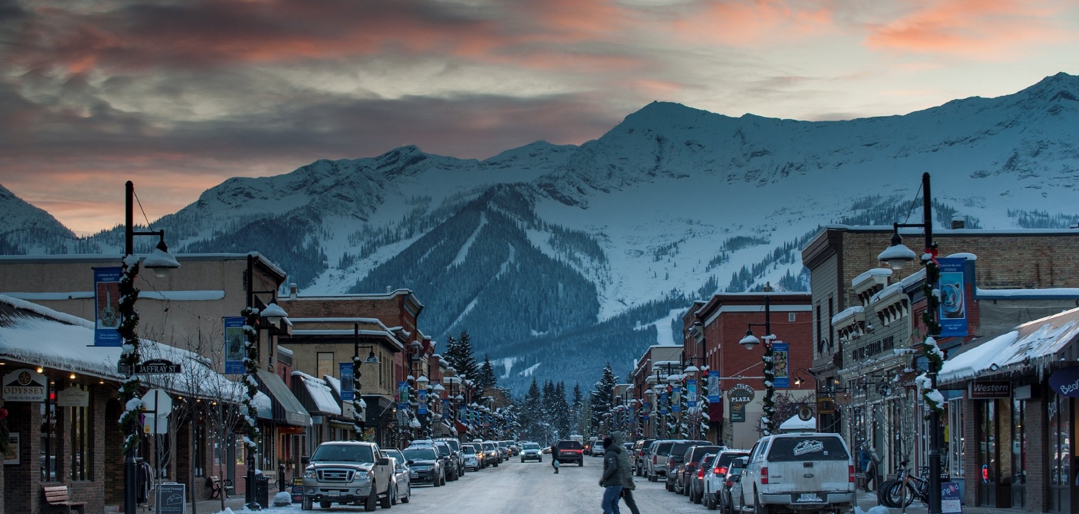 View of downtown Fernie's main street at dusk in the winter | Dave Heath