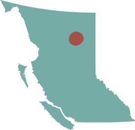 A map of British Columbia in light green, without words. A red dot is located in the northeast section of the map. 