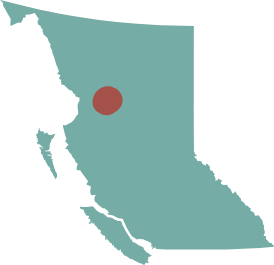 A map of British Columbia without words. A large red dot indicates the Tatshenshini-Alsek Provincial Park.