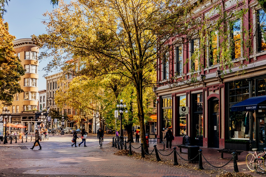 Pedestirans stroll through Water Street in Vancouver's Gastown. This historic part of downtown features heritage building and cobblestone roads. The trees lining the streets are just changing their leaves to yellow.