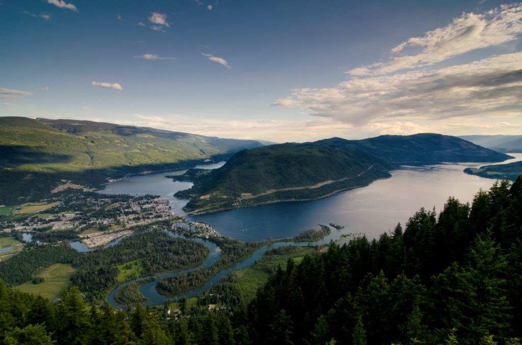 A view of Sicamous, Shuswap Lake, and Mara Lake as seen from Sicamous Lookout.