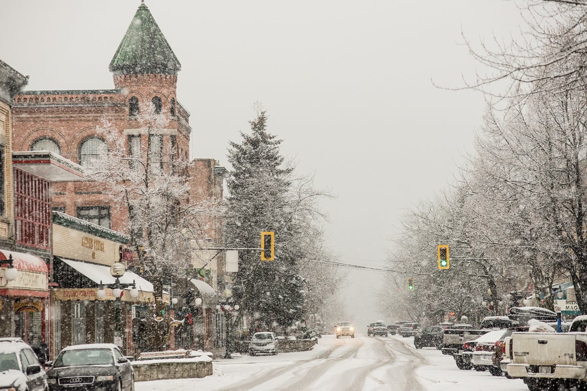 View of the main street in downtown Nelson as the snow falls | Kari Medig