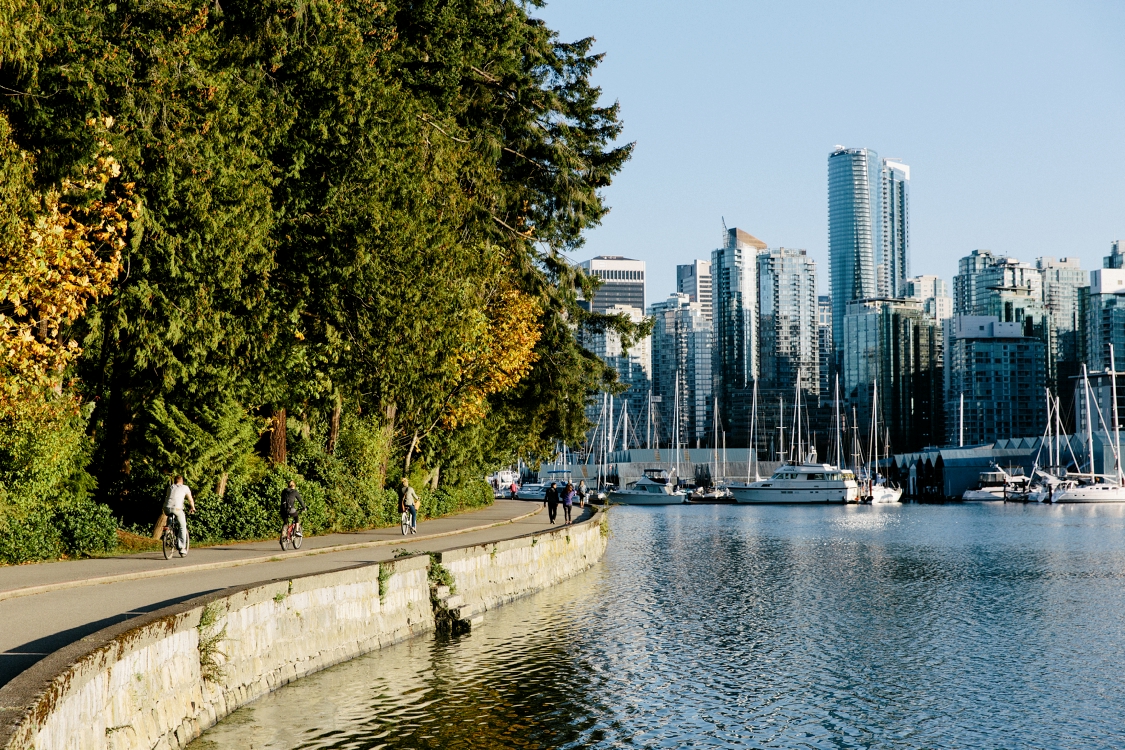 The Stanley Park Seawall winds along the left of the frame with the park behind, and on the right is Burrard Inlet, moored boats, and the highrises of downtown Vancouver.