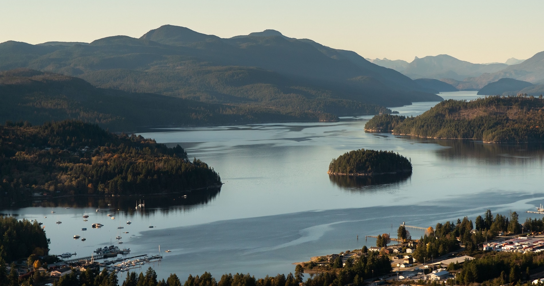 An aerial view of Sechelt at sunset