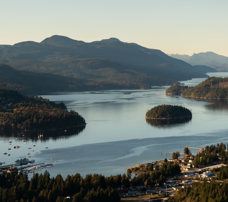 An aerial view of Sechelt at sunset