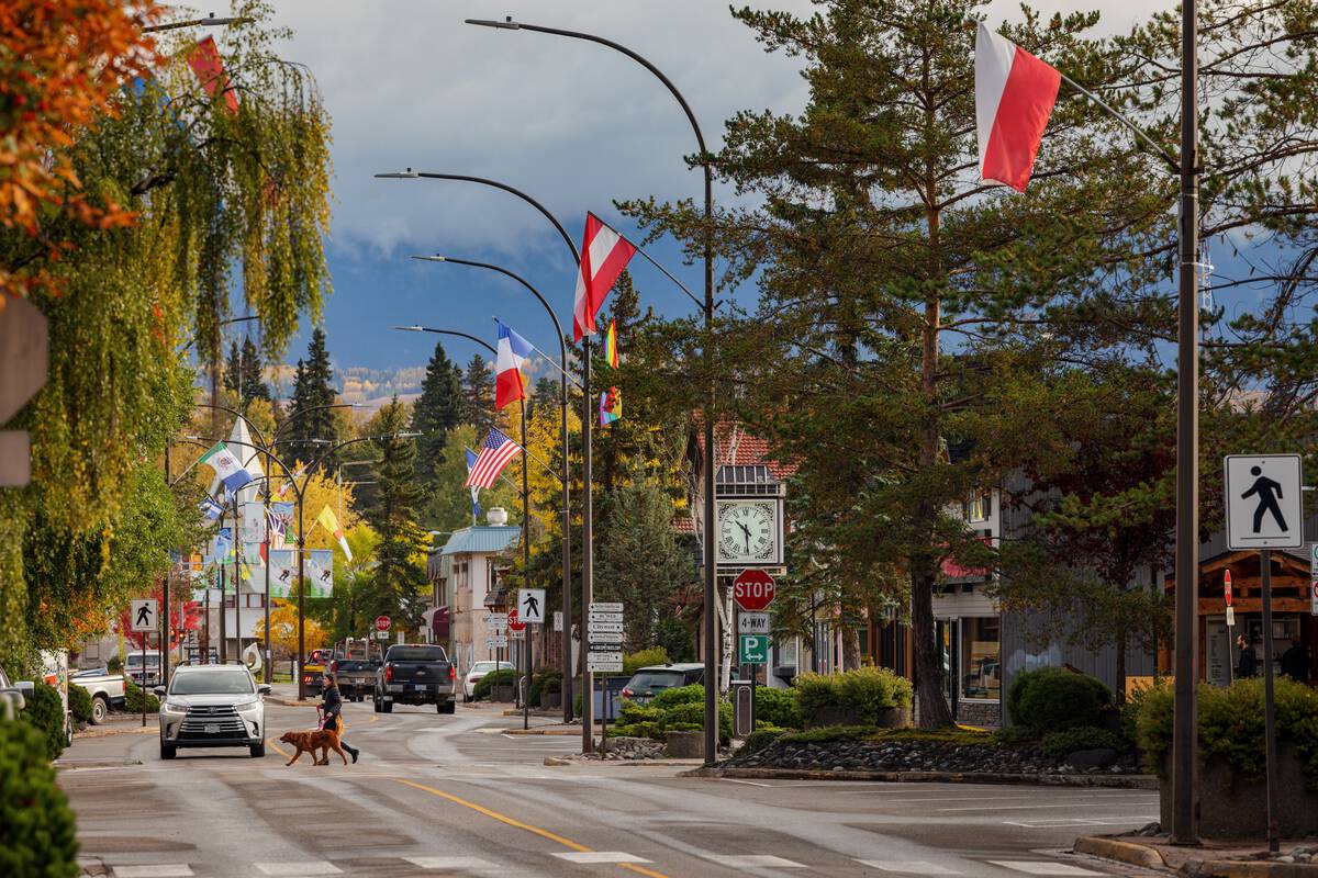Downtown Smithers in the fall. A person crosses the street with their dog.