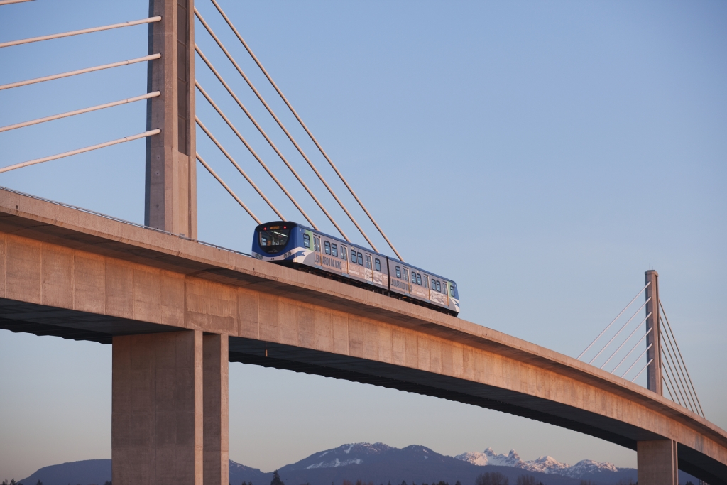 A skytrain along a bridge in Vancouver. 