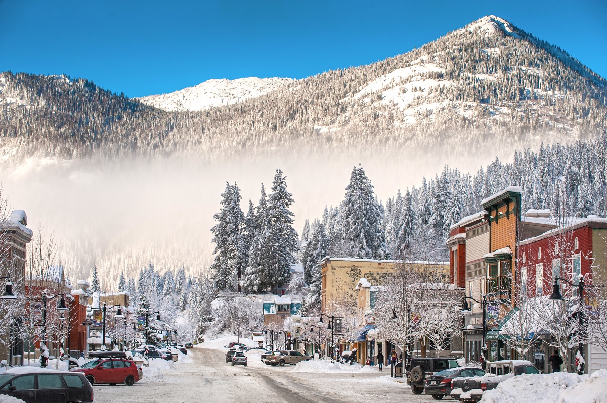 Downtown Rossland covered in snow