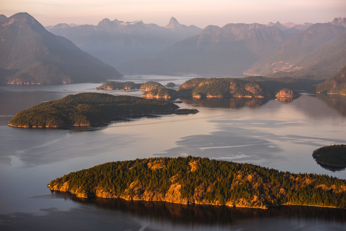 Aerial view of Desolation Sound, including Mt Denman and the Coast Range Mountains