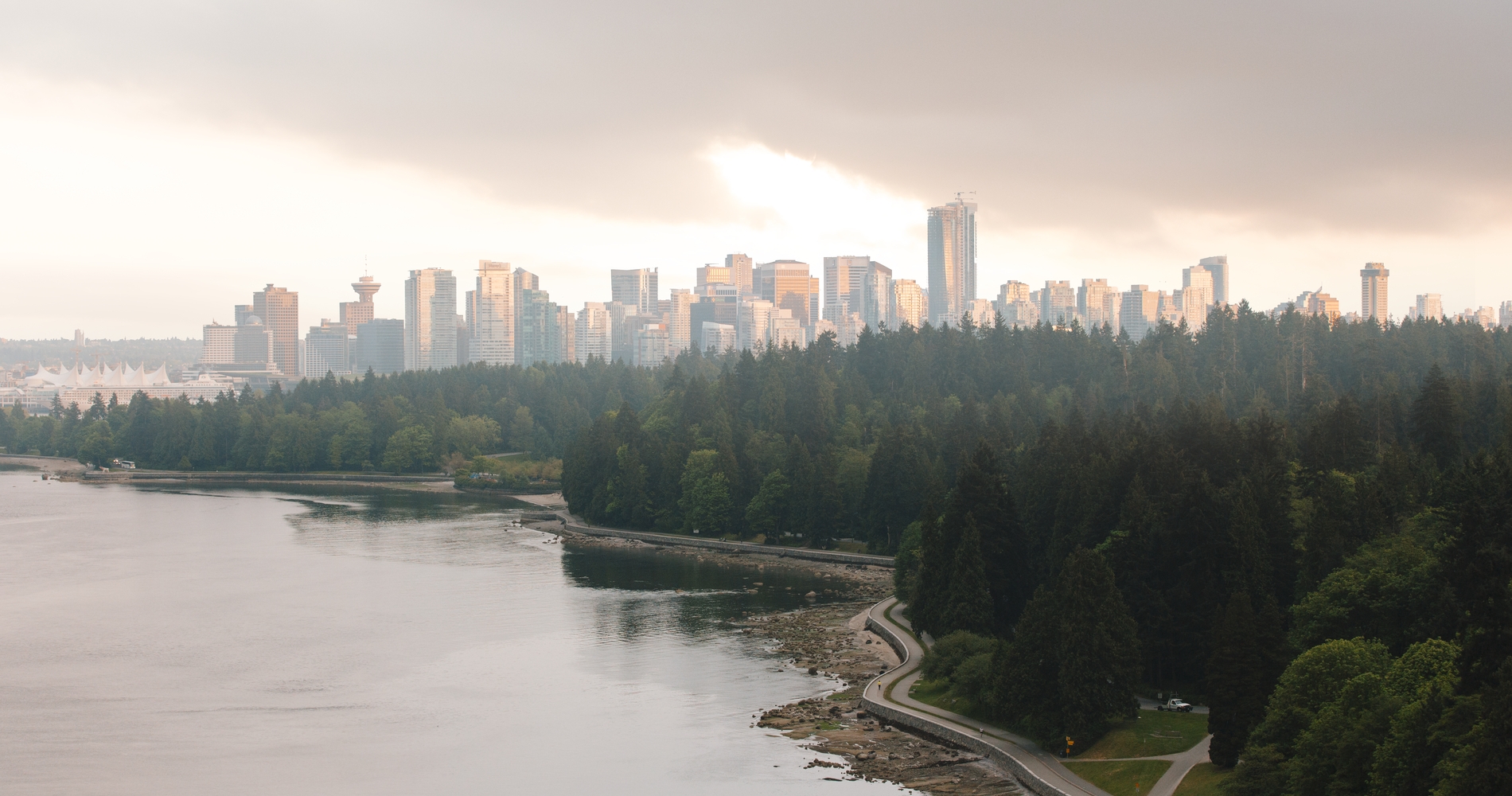 Stanley Park, seawall and Vancouver skyline from Lions Gate Bridge