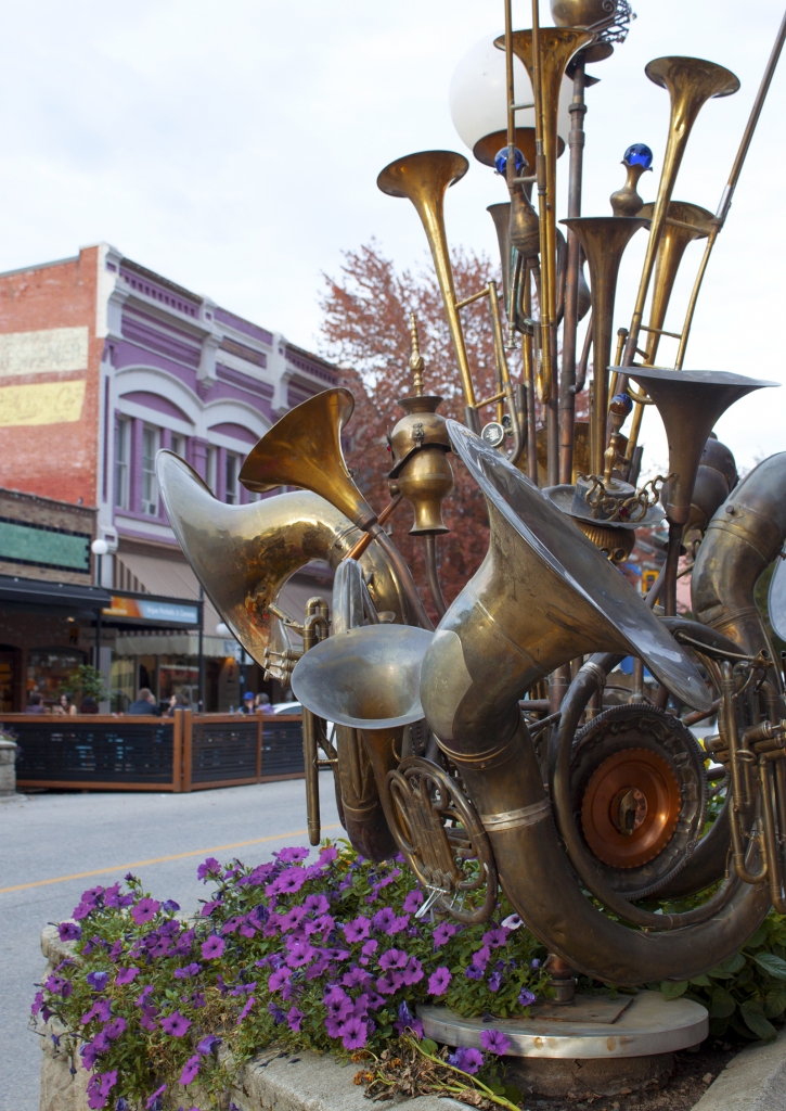 Brass instruments on streetscape in Nelson, BC.