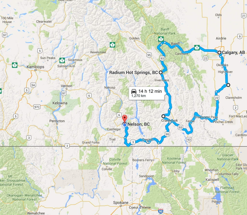 An illustrated map with a blue line indicating the route from Nelson to Calgary and back.