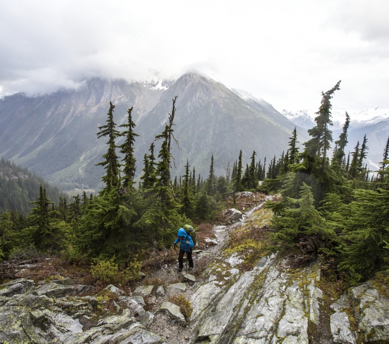 A hiker walks across a rocky outcrop surrounded by trees. They are wearing a blue rain jacket and carrying a green bag. The mountains jut out into the clouds behind them.