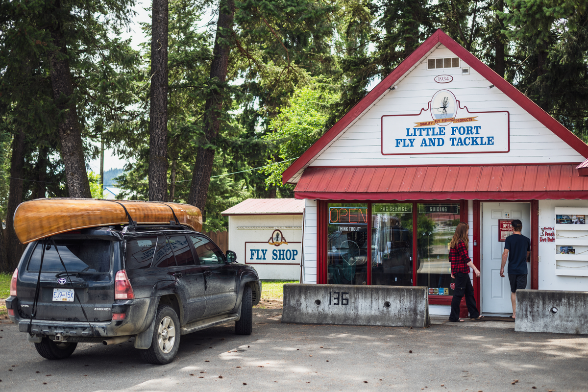 Gearing up for a fishing trip at the historic fly shop in Little Fort, BC