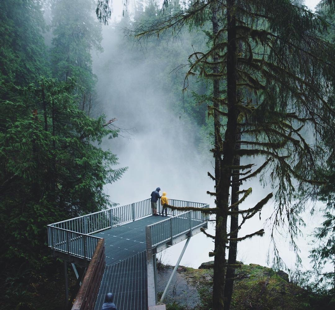 Two people stand on the lookout at Elk Falls Provincial Park surrounded by fog and green trees. Fog and mist come up from below the platform.