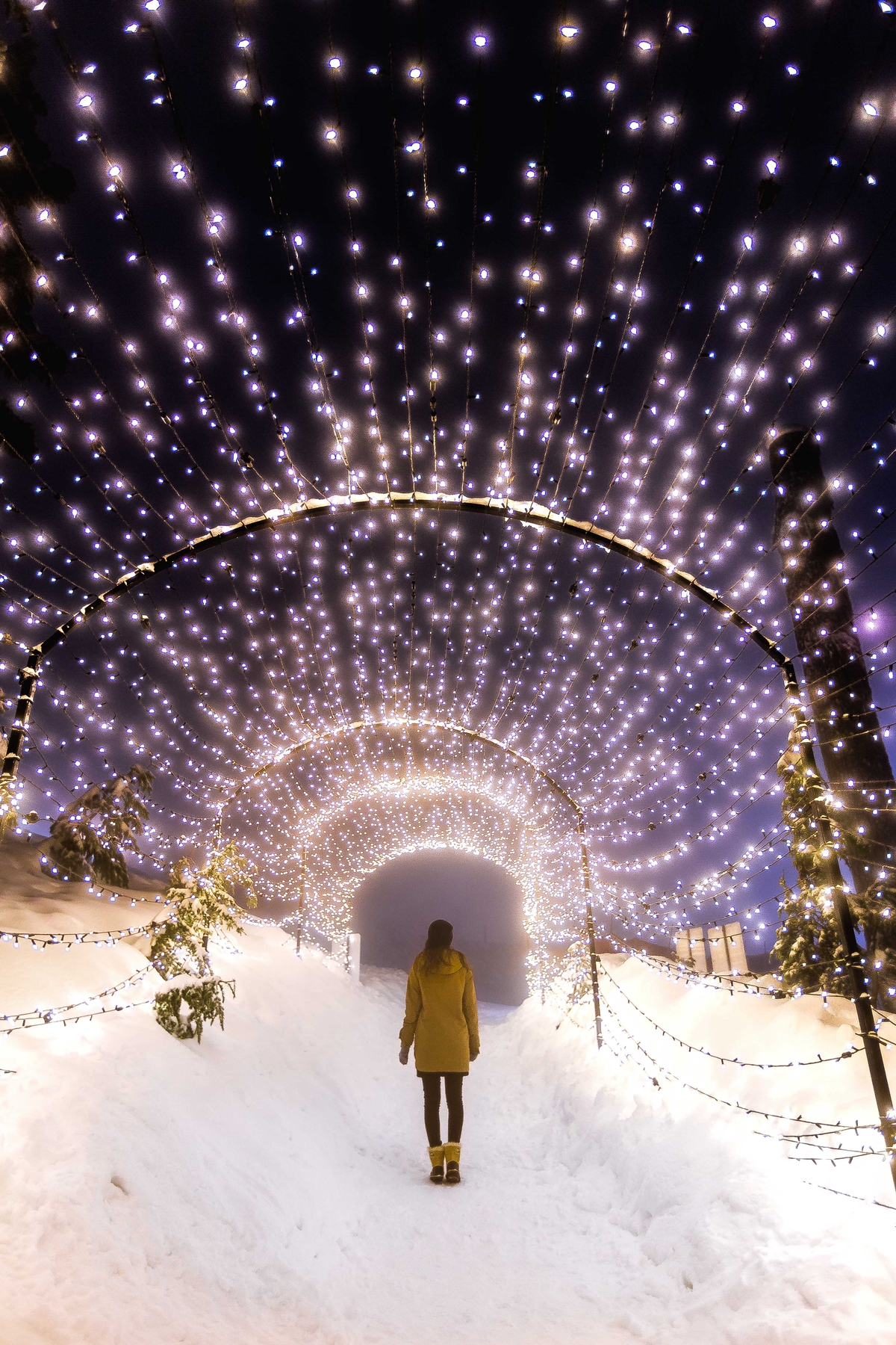 A person walks through a tunnel of lights through the snow