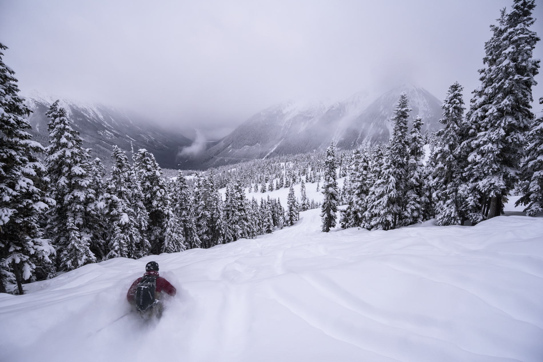 Downhill skiing with heavy powder at Shames Mountain Ski Area, Terrace BC | Andrew Strain