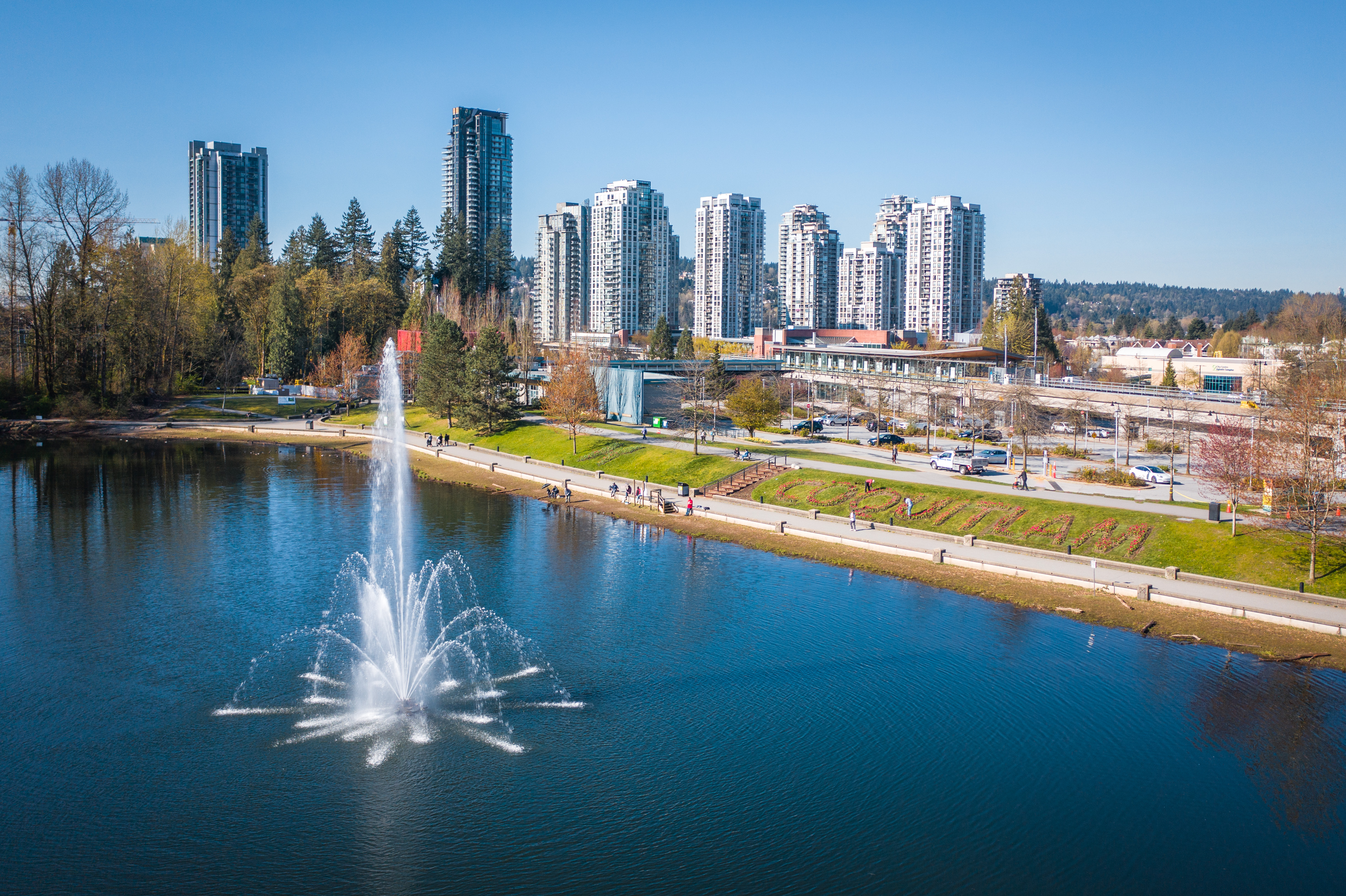 Aerial of the fountain at Lafarge Lake in Coquitlam