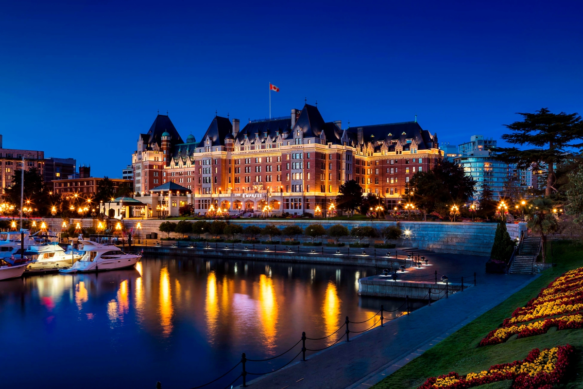 The Fairmont Empress Hotel lit up at night