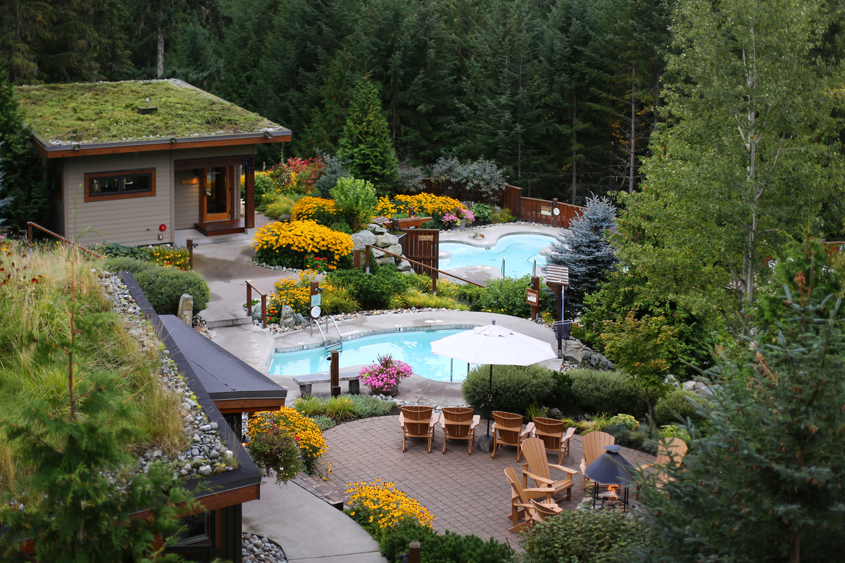 Scandinave Spa in Whistler. Two pools are surrounded by lush green trees and yellow flower arrangements.