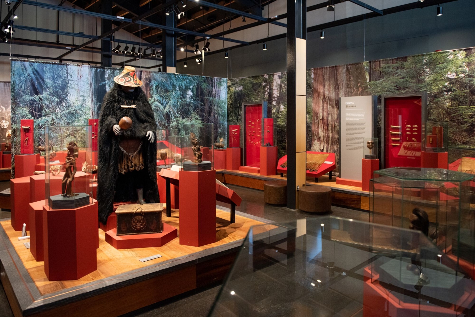 An exhibit with traditional artifacts and apparel at Nisga'a Museum in Laxgalts'ap.