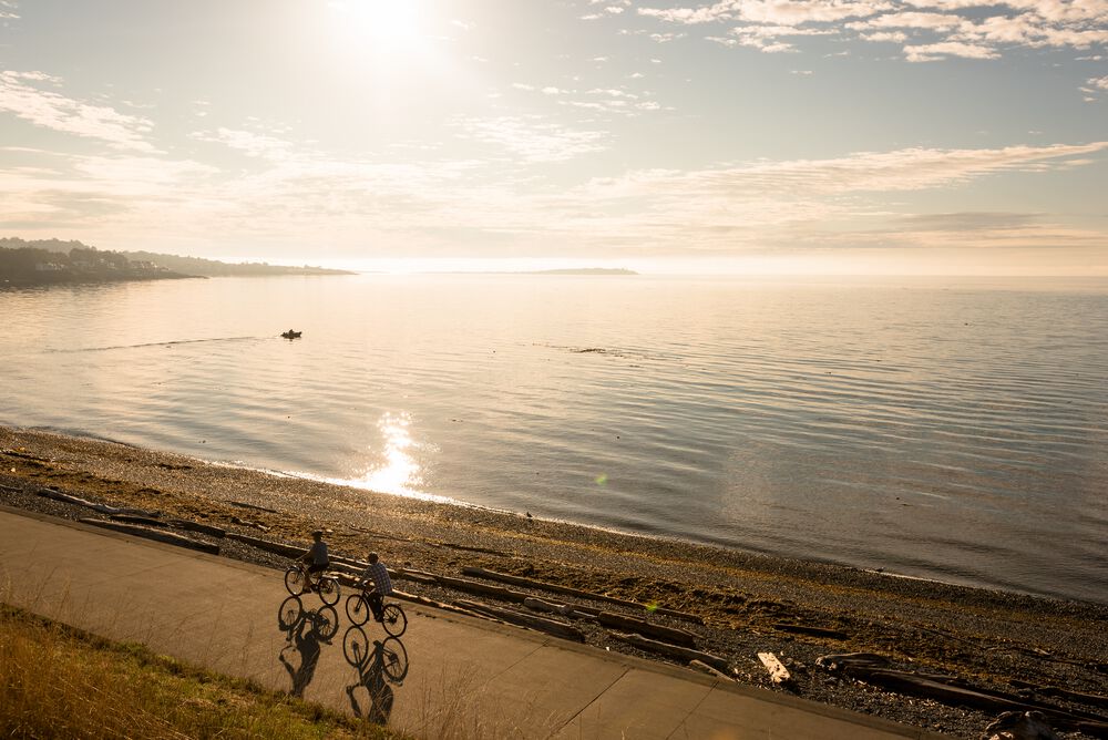 Two bicycles move along a crescent-shaped paved path beside the ocean at sunset.