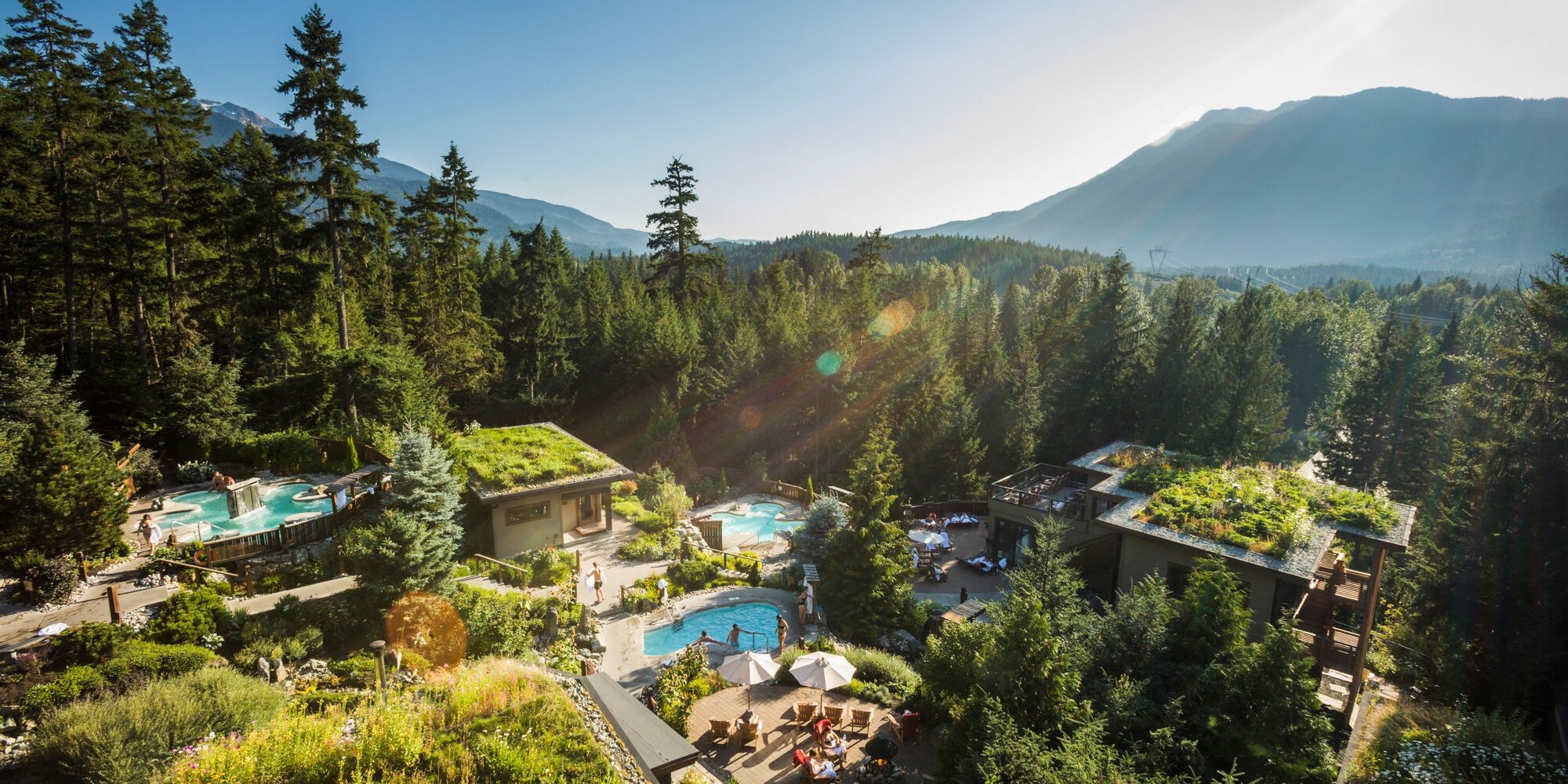 An aerial view of lush greenery and pools at the Scandinave Spa.