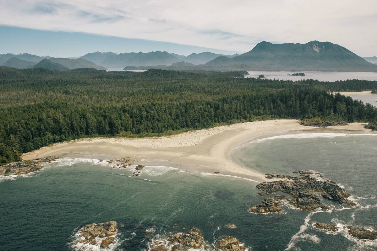 Aerial of ocean, coastline, beach, and forests in Clayoquot Sound