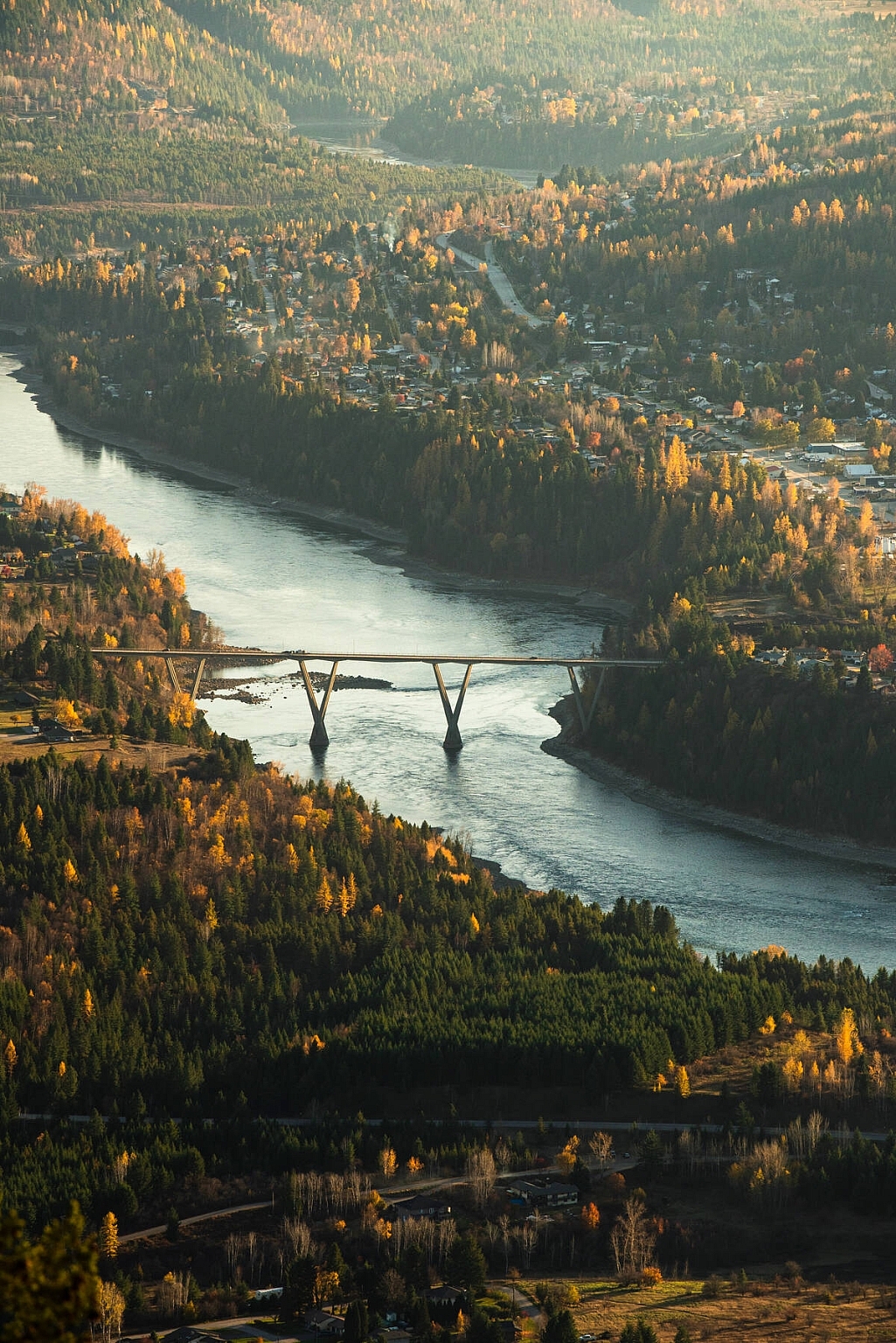 Overlooking a winding river crossed by a bridge, surrounded by thick forest and fall colours.
