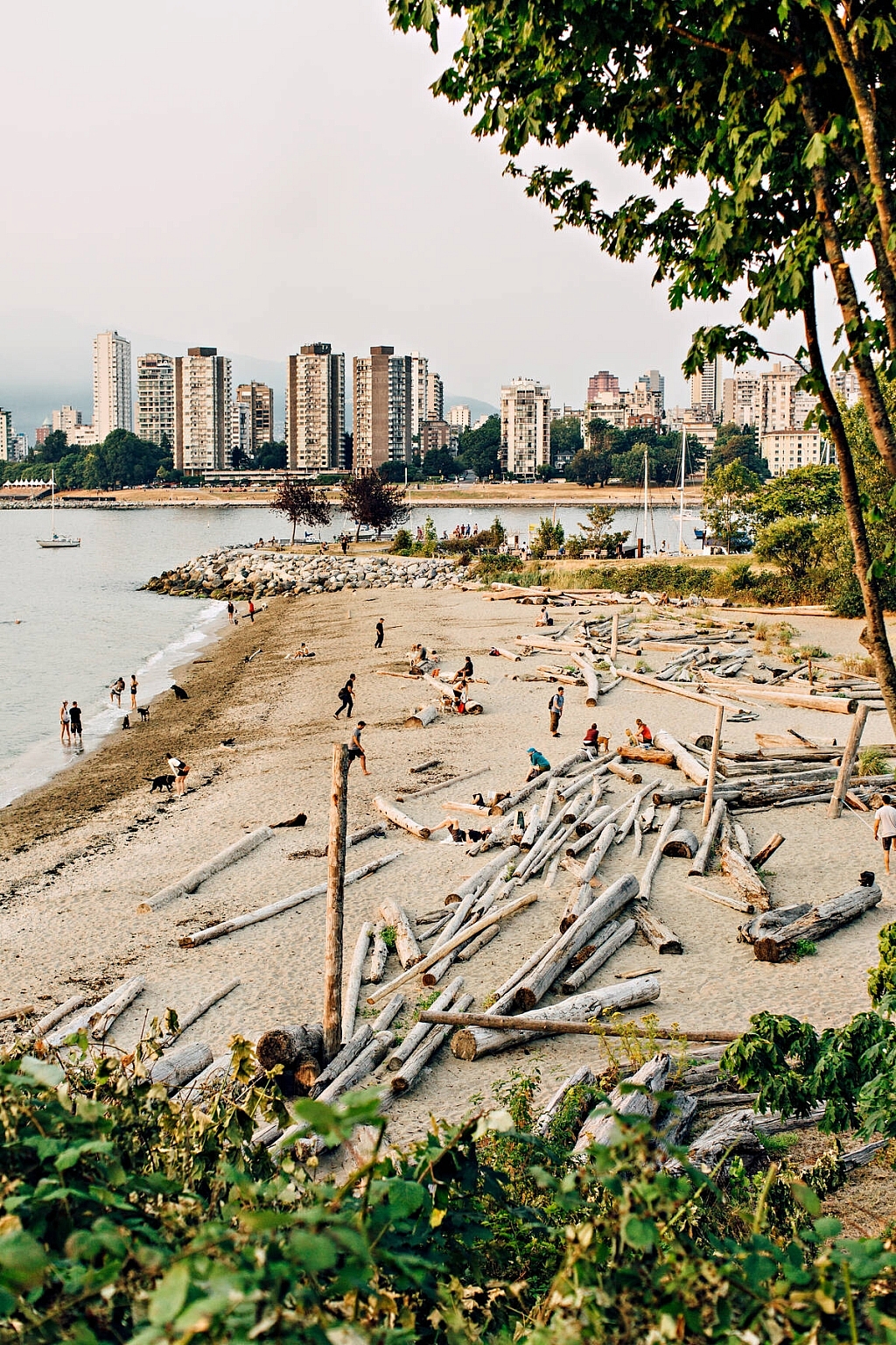 Sandy beach strewn with logs, the towers of downtown Vancouver in the background.