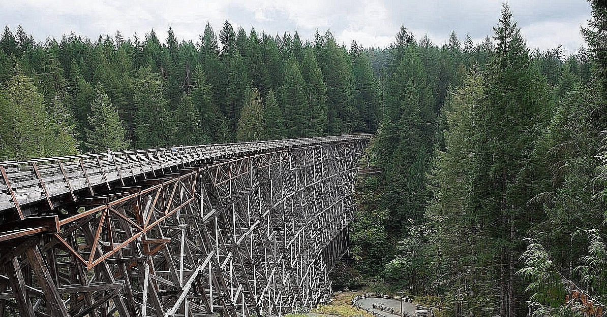The side of a wooden trestle bridge with forest behind.